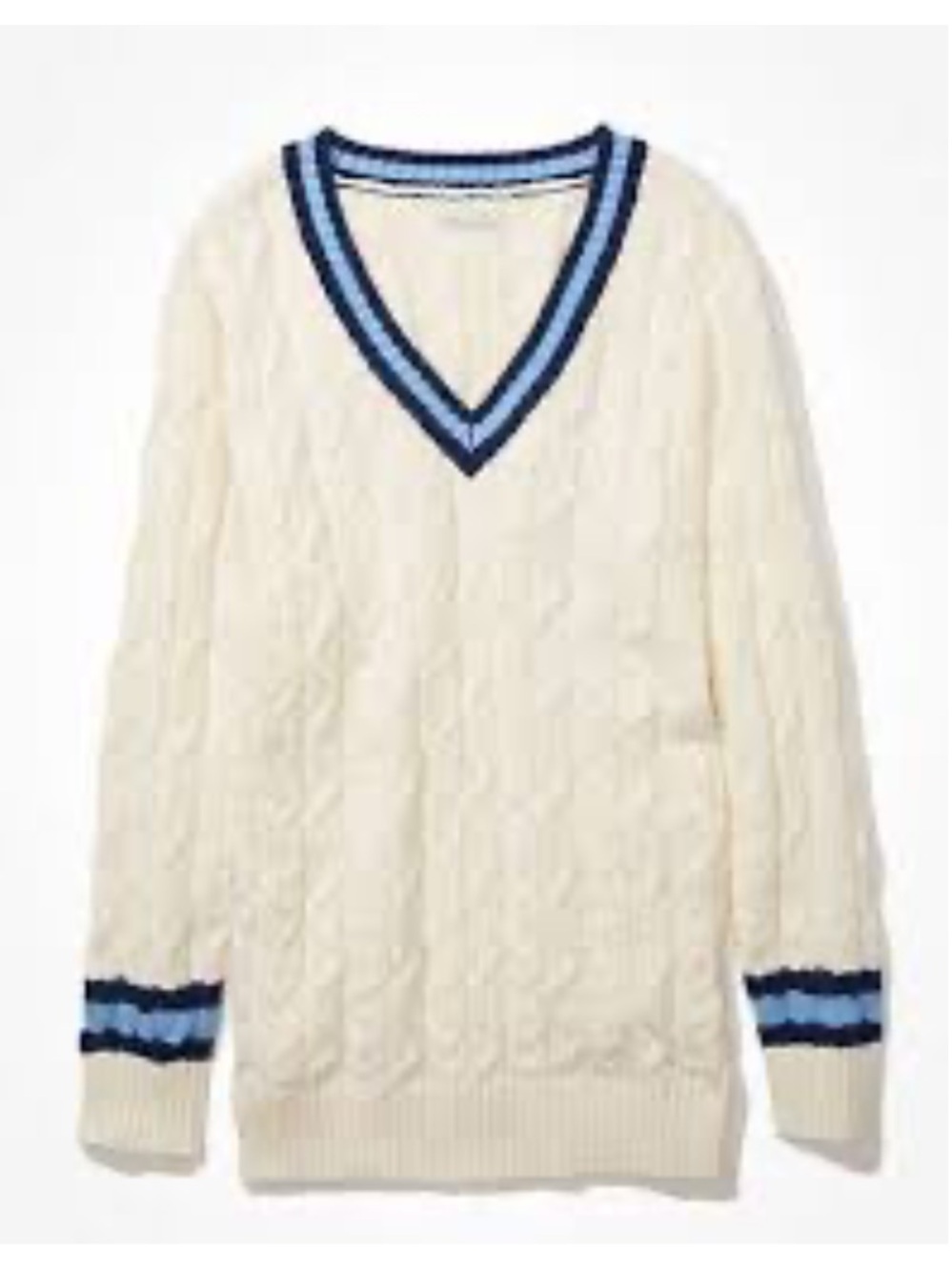 American Eagle Academia Cable Knit V-Neck Pullover Sweater Preppy White Large